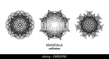 Set graphic Mandala, Abstract Geometric technological circles, wireframe logo business Concept Vector Bundles, Sacred Geometry in round black lines Stock Vector