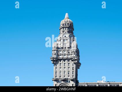Architecture of Montevideo, Palacio Salvo building in Plaza Independence Uruguay. Historic building which was built in the 1920s. Stock Photo