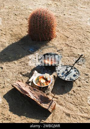 Outdoor Dutch Oven cooking in the Arizona Desert - Outdoor cast iron cooking Stock Photo