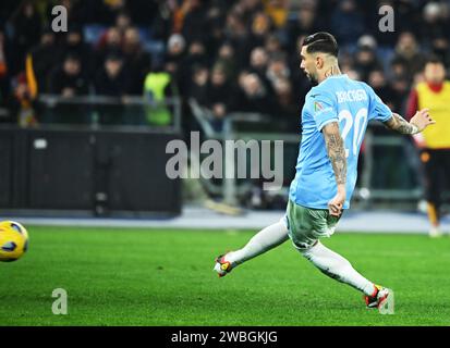 Rome, Italy. 10th Jan, 2024. Lazio's Mattia Zaccagni scores during the Italian Cup quarterfinal soccer match between Lazio and Roma in Rome, Italy, Jan. 10, 2024. Credit: Augusto Casasoli/Xinhua/Alamy Live News Stock Photo