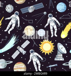 Seamless pattern with astronauts, stars, planets and satellites in cosmos. Cartoon print with space elements, vector illustration Stock Vector