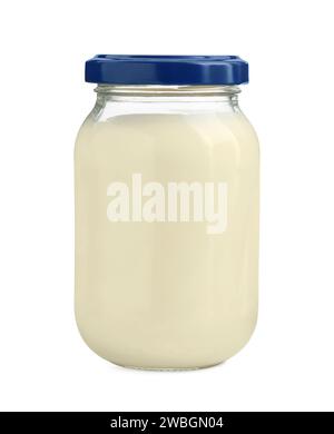 Fresh mayonnaise sauce in glass jar isolated on white Stock Photo