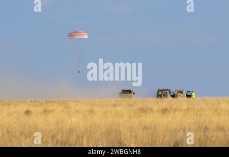 The Soyuz MS-23 spacecraft is seen as it lands in a remote area near the town of Zhezkazgan, Kazakhstan with Expedition 69 NASA astronaut Frank Rubio, Roscosmos cosmonauts Dmitri Petelin and Sergey Prokopyev, Wednesday, Sept. 27, 2023. The trio are returning to Earth after logging 371 days in space as members of Expeditions 68-69 aboard the International Space Station. For Rubio, his mission is the longest single spaceflight by a U.S. astronaut in history. Photo Credit (NASA/Bill Ingalls) Stock Photo