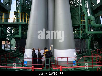 A Russian Orthodox Priest blesses the Soyuz Rocket and personnel, Thursday, Sept. 14, 2023 at the Baikonur Cosmodrome launch pad 31 in Kazakhstan. Expedition 70 NASA astronaut Loral O'Hara, Roscosmos cosmonauts Oleg Kononenko, and Nikolai Chub are scheduled to launch aboard their Soyuz MS-24 spacecraft on Sept. 15. Photo Credit: (NASA/Bill ingalls) Stock Photo