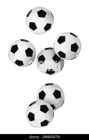 Many soccer balls flying on white background Stock Photo