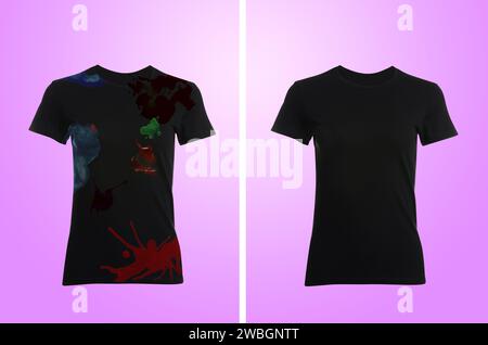 Black t-shirt before and after using detergent on violet background Stock Photo