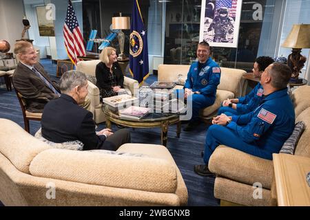 From left to right, NASA Associate Administrator Bob Cabana, NASA Administrator, Bill Nelson, and NASA Deputy Administrator, Pam Melroy, meet with NASA’s SpaceX Crew-4 NASA astronauts Kjell Lindgren, Jessica Watkins, and Robert Hines, Monday, March 27, 2023, at the Mary W. Jackson NASA Headquarters building in Washington DC. Photo Credit: (NASA/Aubrey Gemignani) Stock Photo