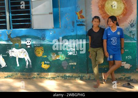 School children playing at break time, Beng Mealea, Cambodia. Stock Photo