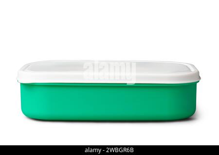 close-up of plastic lunch box, closed blank food container with simple design and shape, lightweight and easy to carry around, mockup template isolate Stock Photo