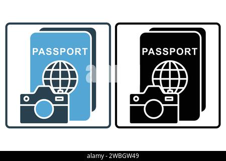 travel photography icon. camera with passport. mobile boarding pass icon. icon related to electronic tickets. solid icon style. element illustration Stock Vector
