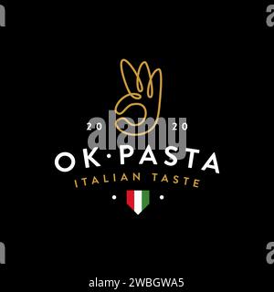 Okay pasta logo icon vector template with ok noodle hand symbol on black background Stock Vector