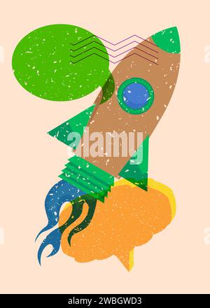 Risograph Rocketship with speech bubble with geometric shapes. Objects in trendy riso graph print texture style design with geometry elements. Stock Vector