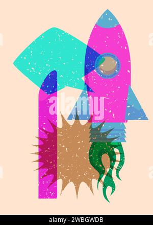 Risograph Rocketship with speech bubble with geometric shapes. Objects in trendy riso graph print texture style design with geometry elements. Stock Vector