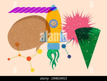 Risograph Rocketship with speech bubble with geometric shapes. Objects in trendy riso graph print texture style design with geometry elements. Stock Vector