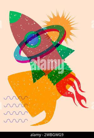 Risograph Rocketship with speech bubble with geometric shapes. Objects in trendy riso graph print texture style design with geometry elements. Stock Vector