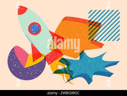 Risograph Rocketship with speech bubble with geometric shapes. Objects in trendy riso graph print texture style design with geometry elements. Stock Vector