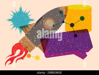 Risograph Rocketship with speech bubble with geometric shapes. Objects in trendy riso graph print texture style design with geometry elements. Stock Vector