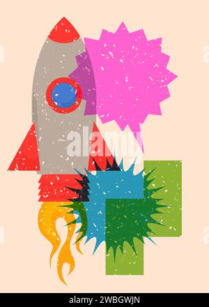 Risograph Rocketship with speech bubble with geometric shapes. Objects in trendy riso graph print texture style design with geometry elements. Stock Vector