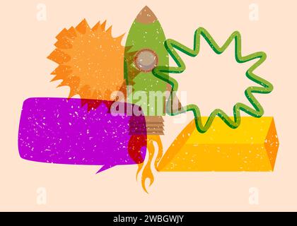 Risograph Rocketship with speech bubble with geometric shapes. Objects in trendy riso graph print texture style design with geometry elements. Stock Vector