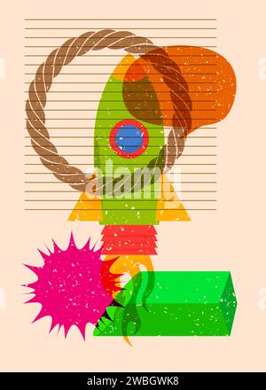 Risograph Rocketship with speech bubble with geometric shapes. Objects in trendy riso graph print texture style design with geometry elements. Stock Vector