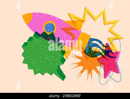 Risograph Rocketship with speech bubble with geometric shapes. Objects in trendy riso graph print texture style design with geometry elements. Stock Vector