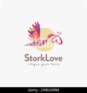 Colorful Flying Stork carrying Love Logo Icon vector template on white background, spread the love logo Stock Vector