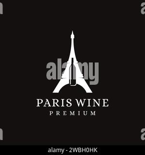 Playful french wine logo, paris eiffel tower landmark and wine bottle logo icon vector template on black background Stock Vector