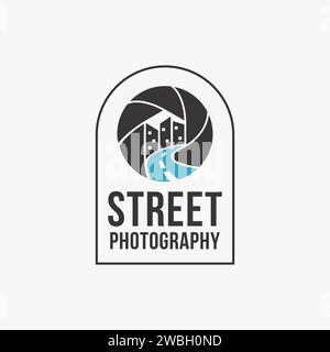 Street photography logo icon vector template on white background, camera shutter and street of cityscape logo Stock Vector