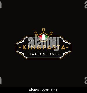 Badge emblem King pasta logo vector template with crown noodle symbol on black background Stock Vector