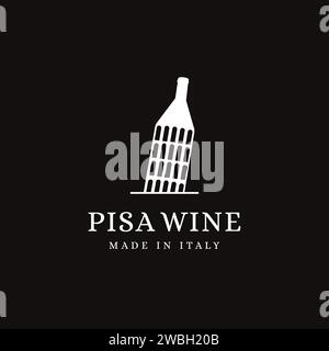 Playful italian wine logo, pisa landmark and wine bottle logo icon vector template on black background Stock Vector