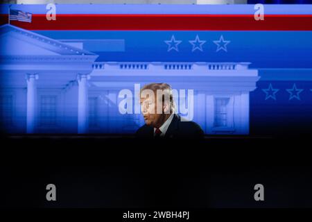 Des Moines, United States. 10th Jan, 2024. Former President Donald Trump speaks on stage during a Fox News Iowa Town Hall at the Iowa Events Center on January 10, 2024 in Des Moines, Iowa. (Photo by Jon Cherry/Sipa USA) Credit: Sipa USA/Alamy Live News Stock Photo