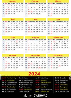 Quarter calendar template for 2024 year. Wall calendar grid in a minimalist style. Week Starts on Monday. Stock Vector