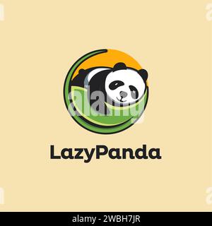 Sleepy Panda on big leaf, lazy panda mascot cartoon logo vector on light background Stock Vector