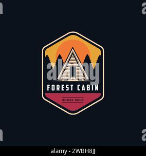 Vintage modern outdoor emblem with Mountain view and cabin house in forest logo icon vector template on black background Stock Vector