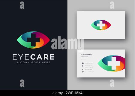 Abstract modern gradient eye and medical cross logo, eye care logo icon vector and business card template Stock Vector