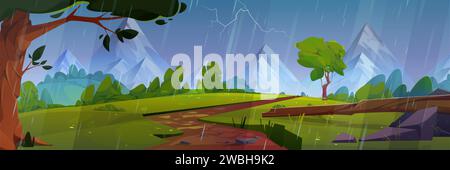 Rainy weather in mountain valley with footpath. Vector cartoon illustration of summer scenery with green trees, bushes and grass, pouring rainfall and lightning bolt in gloomy cloudy sky, stones on road Stock Vector