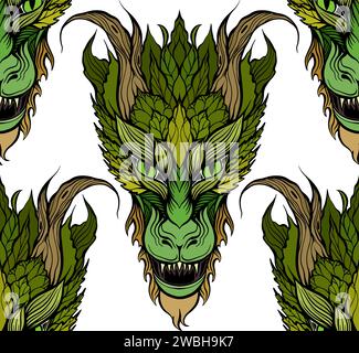 Vector seamless pattern with cartoon roaring dragon on white background. Fantasy texture with illustration of wyverns in row for wallpaper Stock Vector