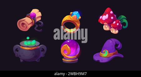 Magic game assets set isolated on black background. Vector cartoon illustration of parchment scroll, golden ring, mushroom, potion boiling in cauldron, fortunetelling crystal, wizard hat, ui design Stock Vector