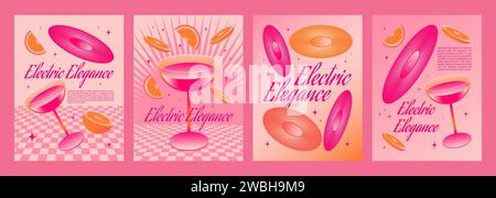 Y2k retro style poster template with cocktail in glass, vinyl records and orange slices in bright neon acid pink color. 2000s aesthetic banner layout with drink and music elements and text box. Stock Vector
