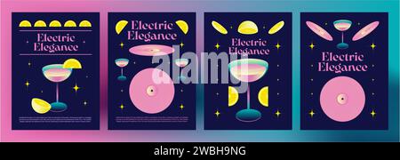 Y2k retro style poster template with cocktail in glass, vinyl records and lemon slices in bright pink color. 2000s aesthetic banner layout with drink and music elements and text box. Stock Vector