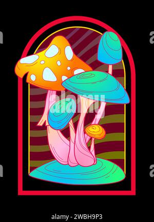 Bright sticker with trippy mushroom on grass over red stripped groovy background. Cartoon vector landscape with neon fantasy psychedelic fungi. Funky fluorescent glowing hallucinogenic fungus. Stock Vector