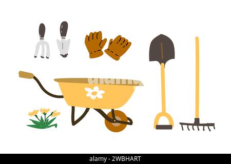 different gardening tools and supplies set. Vector illustration of garden fork and shovel, wheelbarrow - farming equipment and plant.  Stock Vector