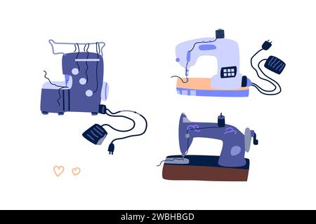 Hand drawn sewing machine and overlocker icons. Vector illustration on white background. Blue sewing equipment in hand drawn cartoon style. Needlework concept.  Stock Vector
