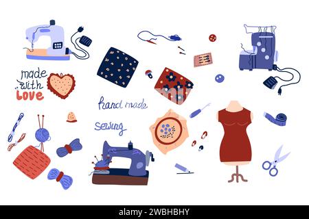 big set of sewing equipment icons isolated. Vector illustration in Hand drawn doodle cartoon style. Can used for sewing business banner, card, flyer, greeting card, sewing label.  Stock Vector