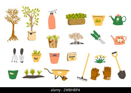 big set of spring gardening tools and tree, plant in box, pot. Vector illustration isolated. Gardening buckets, pots, wheelbarrow, seedling.  Stock Vector
