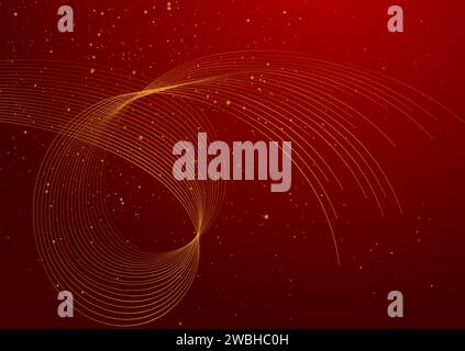 Golden minimal wavy lines and dots on red background. Vector design Stock Vector