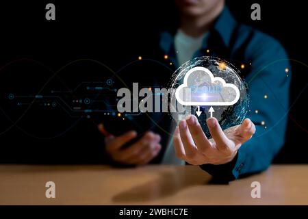 Business hands with icons of cloud computing, cloud storage and data transfer, cloud network, cloud technology internet service network concept Stock Photo