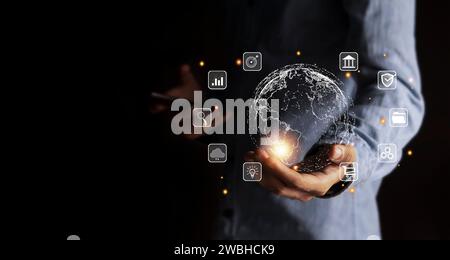 Business hands with icons of cloud computing, cloud storage and data transfer, cloud network, cloud technology internet service network concept Stock Photo