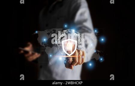 Lock icon and internet network security technology, cybersecurity and privacy concept to protect private data on smartphone. virtual screen cyber secu Stock Photo
