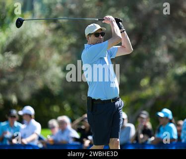 Honolulu, Hawaii, USA. 10th Jan, 2024. Sony's Tom Rothman hits his tee shot during the Pro/Am day at the Sony Open at Waialae Country Club in Honolulu, Hawaii. Glenn Yoza/CSM/Alamy Live News Stock Photo